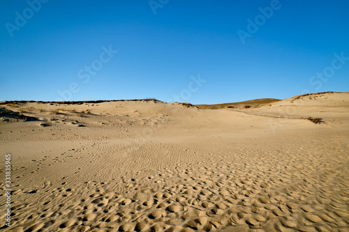 Sunset view of nordic sand dunes of Curonian spit, Baltic sea, Nida, Klaipeda, Lithuania