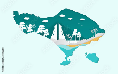 Illustration Vector Graphic of Bali with paper cut style. Bali Indonesia symbol with famous temple and mountain, cloud.