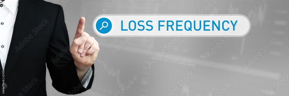 Loss Frequency. Man in a suit points a finger at a search box. The word Loss Frequency is in the search. Symbol for business, finance, statistics, analysis, economy Loss Frequency. Man in a suit points a finger at a search box. The word Loss Frequency is in the search. Symbol for business, finance, statistics, analysis, economy