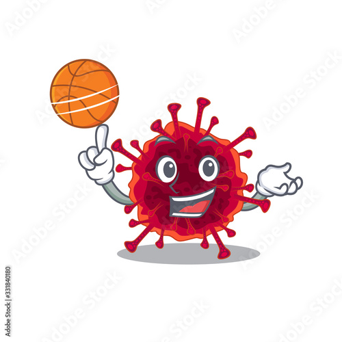 A sporty pedacovirus cartoon mascot design playing basketball