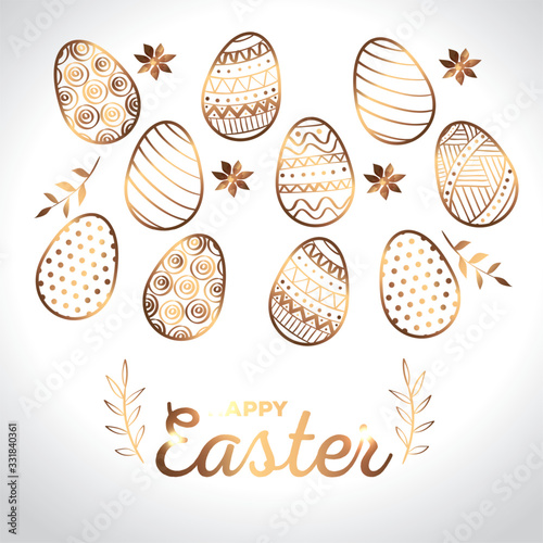 happy easter card golden with eggs decorated and flowers vector illustration design