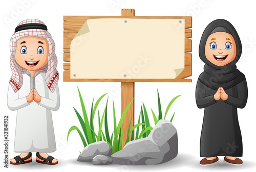 Arabic kids cartoon and blank wooden signs.Vector illustration