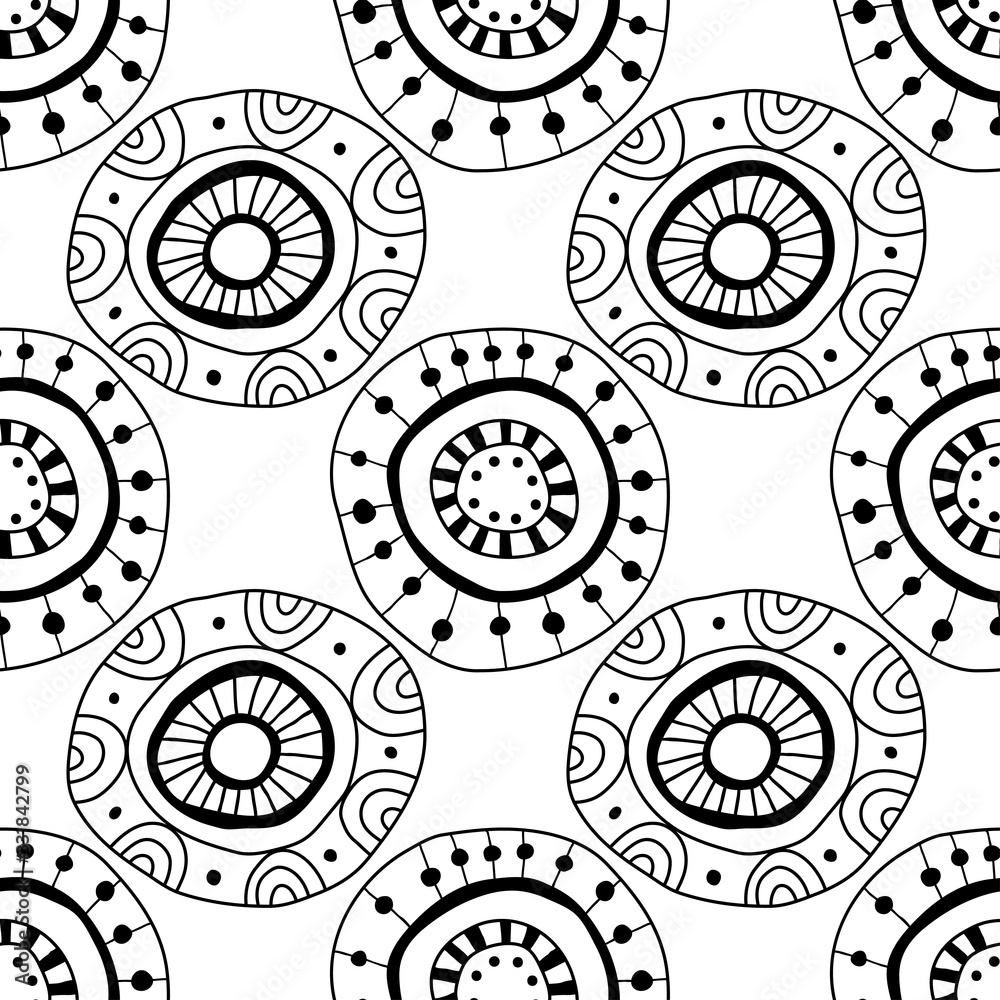 Fototapeta premium Black and white seamless pattern of decorative circles. Abstract, fantasy items for coloring.