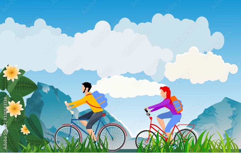 Cyclist travellers  on countryside background, cyclist vector 