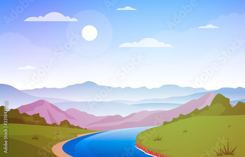 Winding River Mountain Forest Beautiful Rural Nature Landscape Illustration