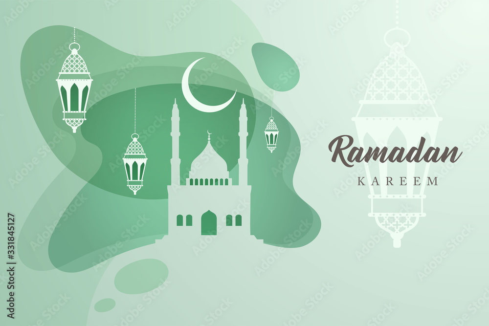 Ramadan Kareem Vector Design with Mosque, Lantern, and Liquid Style