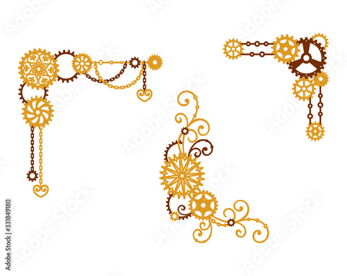 Corner of gears with chain and curls. Mechanism. Steampunk. Decorative elements, border for a stylish holiday greeting card, wedding banner, poster, signage and labels. Vector design template