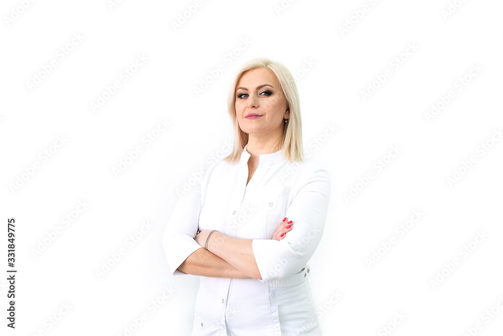 Doctor showing to the side. medical uniform. Virus, coronavirus. protection. Sterile equipment for the medical and beauty industries. Copy space, place for text Doctor showing to the side. medical uniform. Virus, coronavirus. protection. Sterile equipment for the medical and beauty industries. Copy space, place for text