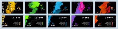 Bundle set of bright colorful business card template with vector watercolor paint splash on black background