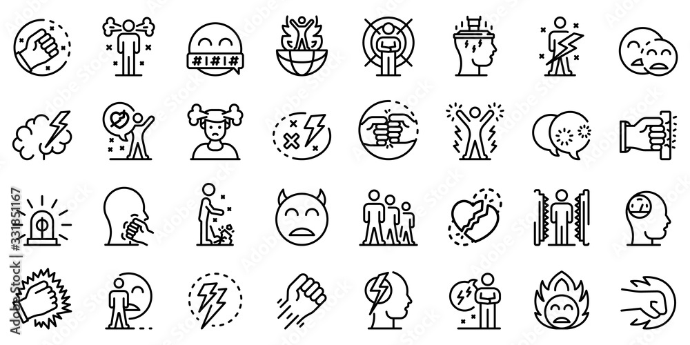Rage icons set. Outline set of rage vector icons for web design isolated on white background Rage icons set. Outline set of rage vector icons for web design isolated on white background