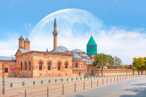 Mevlana museum mosque with full moon - Konya, Turkey "Elements of this image furnished by NASA "