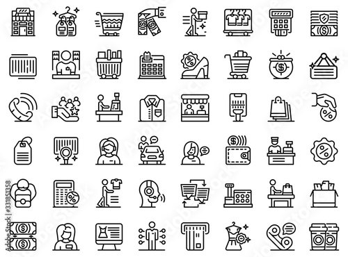 Shop assistant icons set. Outline set of shop assistant vector icons for web design isolated on white background