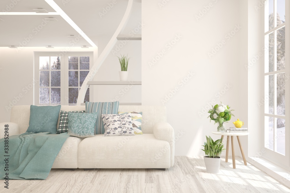 Fototapeta premium White living room with sofa. Scandinavian interior design. 3D illustration