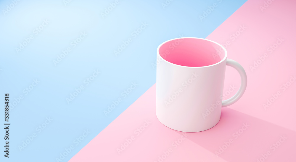 Classic white mug and pink inside on pastel summer background with blank template mockup style. Empty cup or drink mug. 3D rendering. - obrazy, fototapety, plakaty 