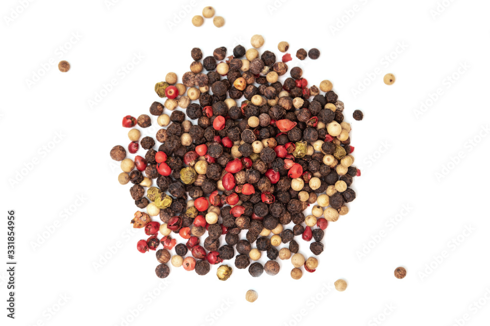 Pile of pepper mix, black, pink, green, white on white background Pile of pepper mix, black, pink, green, white on white background