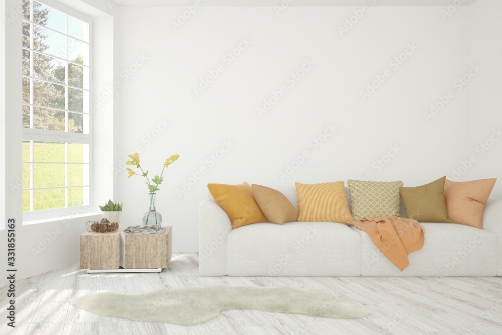 Fototapeta premium White living room with sofa. Scandinavian interior design. 3D illustration