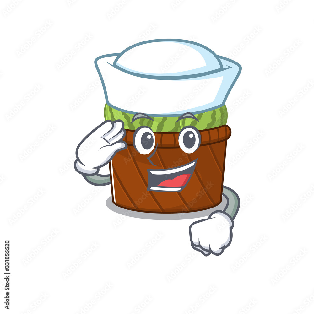 Cute watermelon fruit basket Sailor cartoon character wearing white hat Cute watermelon fruit basket Sailor cartoon character wearing white hat