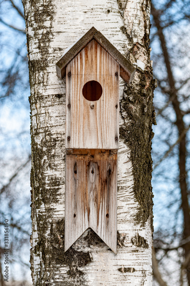 birdhouse of unprocessed wood on birch