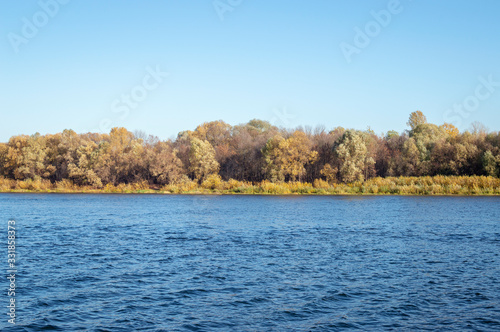 European wide river and shore with shrubs and deciduous trees in spring
