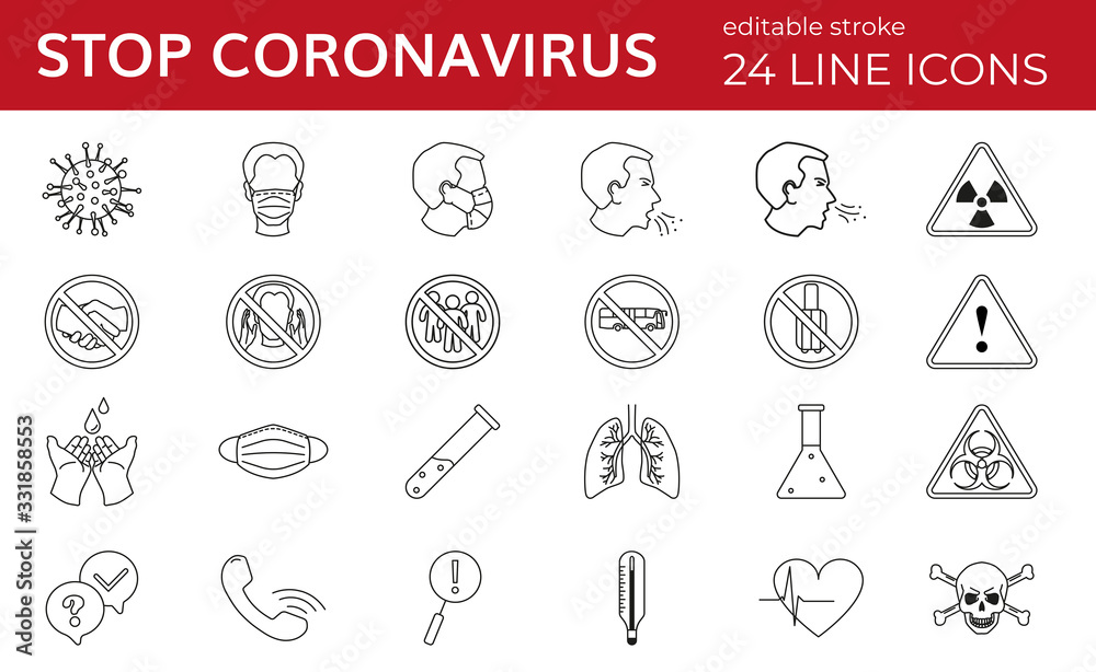 Set of line icons for coronavirus stop. Covid-19