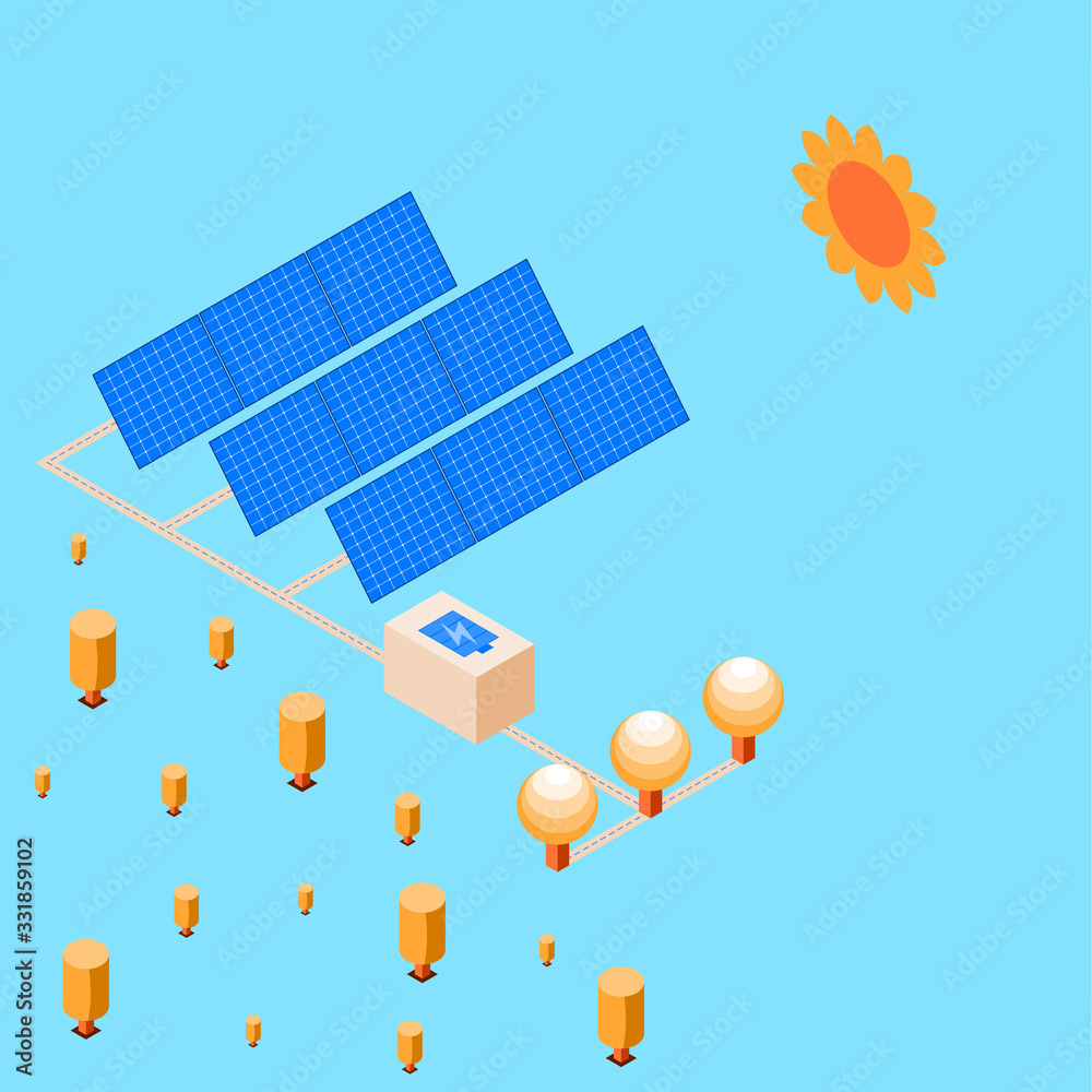Solar cell is electric power generation from the sun send to light bulb to protect the environment have tree and blue color as background, isometric vector illustration and copy space.