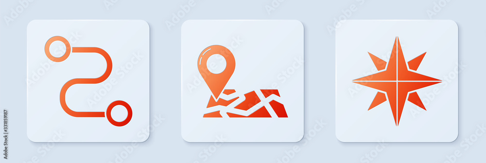 Set Folded map with location marker, Route location and Wind rose ...