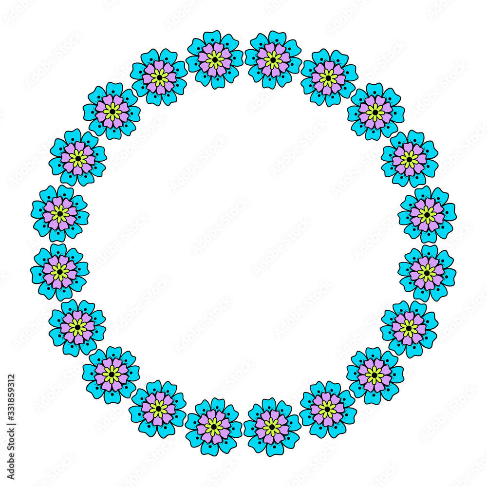 Floral wreath. The flower frame is drawn in a Doodle style .Color illustration isolated on a white background.For making invitations and postcards.Circle of elements.Vector illustration. Floral wreath. The flower frame is drawn in a Doodle style .Color illustration isolated on a white background.For making invitations and postcards.Circle of elements.Vector illustration.
