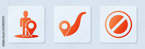 Set Route location, Map marker with a silhouette of a person and Stop sign. White square button. Vector