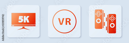 Set Virtual reality, Monitor display with 5k video and Gamepad. White square button. Vector