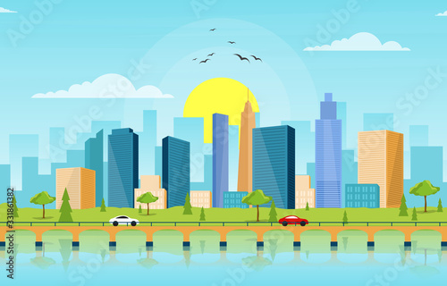 Beautiful River Water City Modern Building Skyline Landmark Illustration