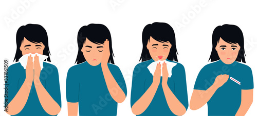 Flu and cold symptoms. coronavirus, COVID-19 Girl suffering from fever, runny nose, cough, headache. The child sneezes
