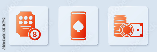 Set Online poker table game, Online slot machine and Casino chips and stacks money cash. White square button. Vector