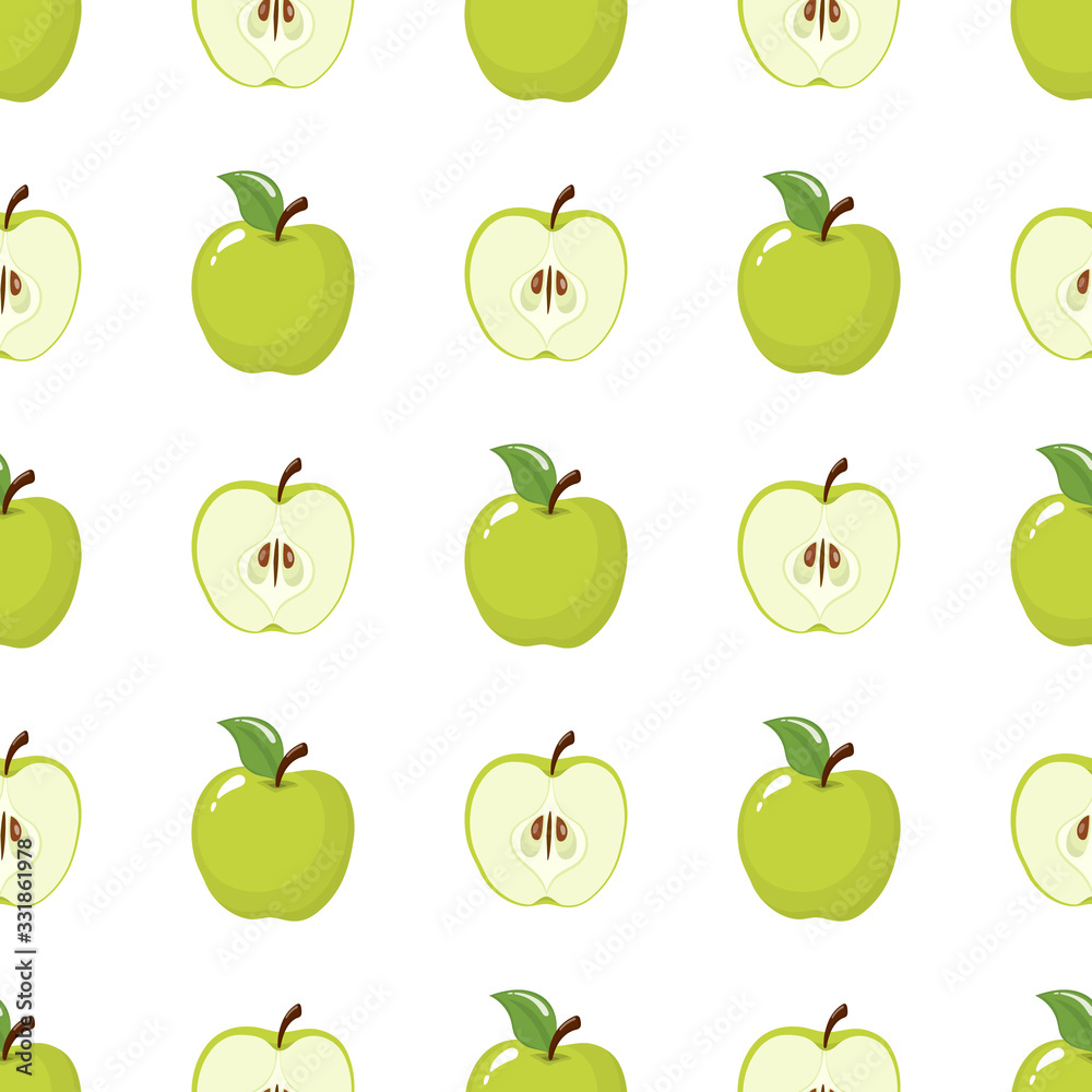 Seamless pattern with green whole and half apples on white background. Organic fruit. Cartoon style. Vector illustration for design, web, wrapping paper, fabric, wallpaper. Seamless pattern with green whole and half apples on white background. Organic fruit. Cartoon style. Vector illustration for design, web, wrapping paper, fabric, wallpaper.