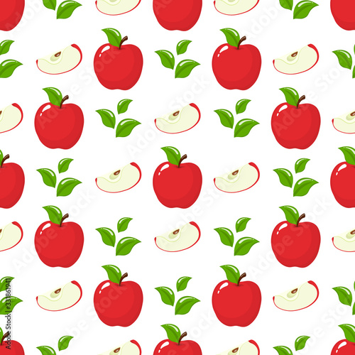 Seamless pattern with red whole slice apples and leaves on white background. Organic fruit. Cartoon style. Vector illustration for design, web, wrapping paper, fabric, wallpaper.