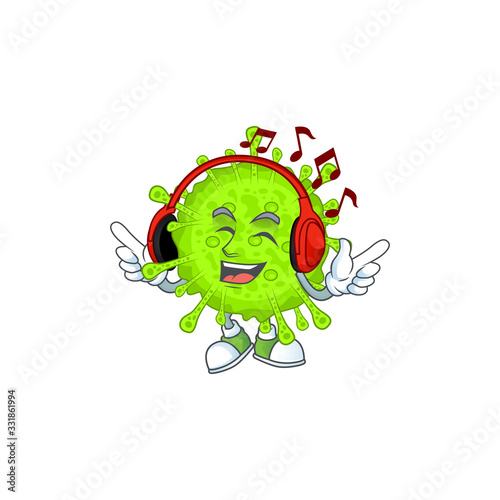 cartoon mascot design of orthocoronavirinae enjoying music photo
