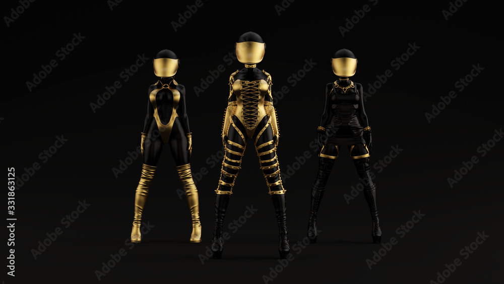 Black Alien Punk Biker Girls Space Crash Helmet Black Background Front View 3d illustration 3d render