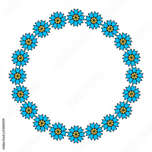 Floral wreath. The flower frame is drawn in a Doodle style .Color illustration isolated on a white background.For making invitations and postcards.Circle of elements.Vector illustration.
