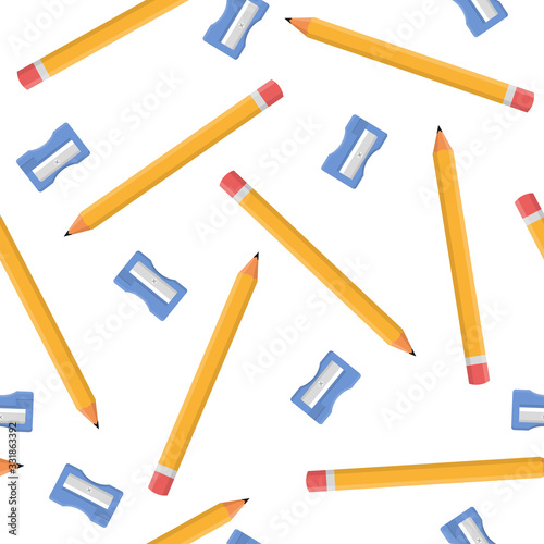 Seamless pattern with pencils and blue sharpeners isolated on white background. Cartoon style. Vector illustration for design, web, wrapping paper, fabric, wallpaper.