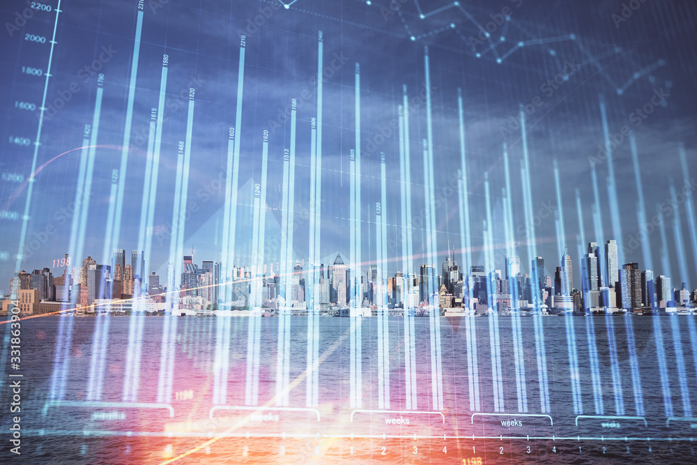 Forex graph on city view with skyscrapers background double exposure. Financial analysis concept. Forex graph on city view with skyscrapers background double exposure. Financial analysis concept.