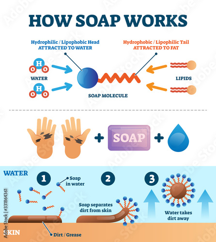 Hand washing with soap vector illustration. Educational explanation scheme.