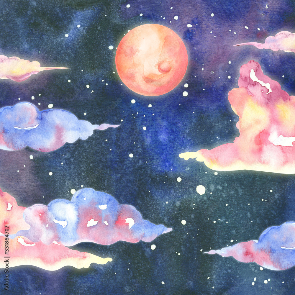 night starry sky with pink moon and flying colorful clouds