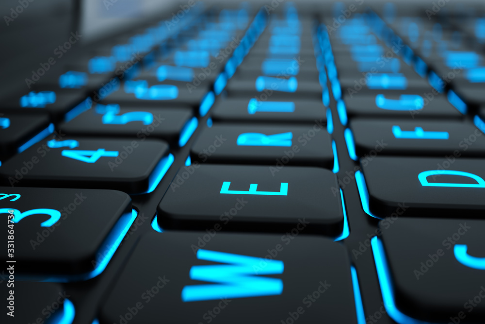 The E keypad laptop button and the symbol glow in the dark. Modern keyboard button closeup in blur background, 3d illustration
