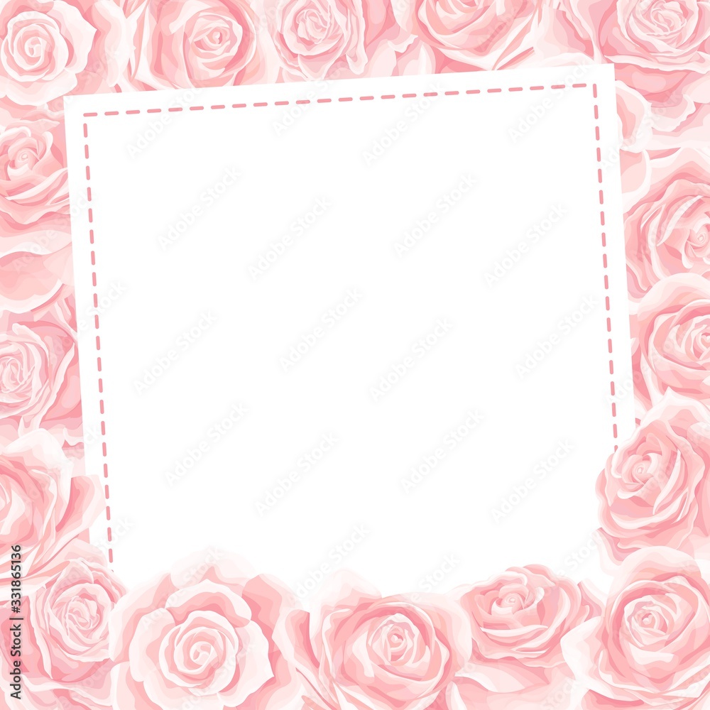 Elegant pink roses floral bouquet as frame. Vector summer border design
