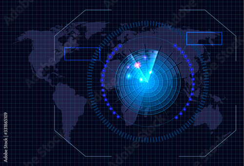 Vector glowing radar illustration, bright blue color, background template, world map and grid on the backdrop.