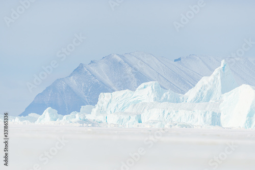 Ice bergs on frozen sea in front of mountain  Greenland