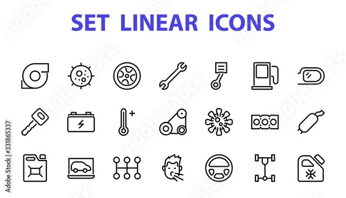 A simple set of car services related vector line icons. Contains icons such as oil, diagnostics, turbine, steering wheel, chassis, gearbox and much more. Editable move. 480x480 On a white background