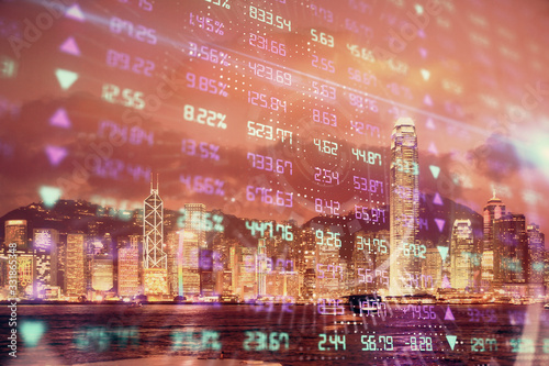 Multi exposure of forex chart drawings over cityscape background. Concept of success. © peshkova