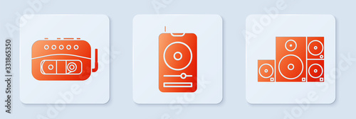 Set Music player, Music tape player and Stereo speaker. White square button. Vector