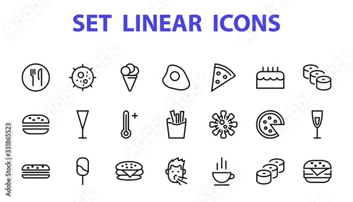   A simple set of fast food icons related to the vector line. Contains icons such as pizza, burger, sushi, bike, scrambled eggs and more. EDITABLE stroke. 480x480 pixels perfect, EPS 10