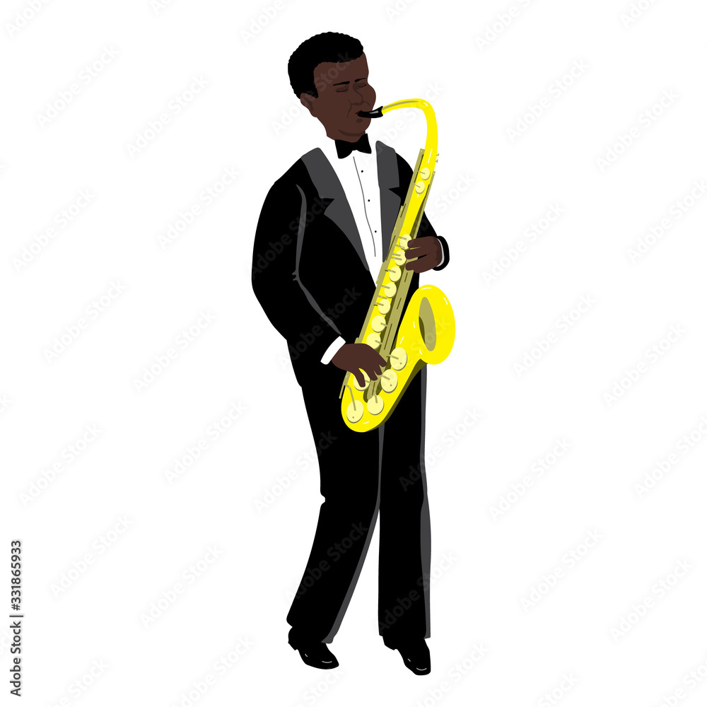 Naklejka premium Vector Illustration of black man playing the saxophone in the style of the 1920s. Handsome young jazz man. Character in flat style, isolated on a white background